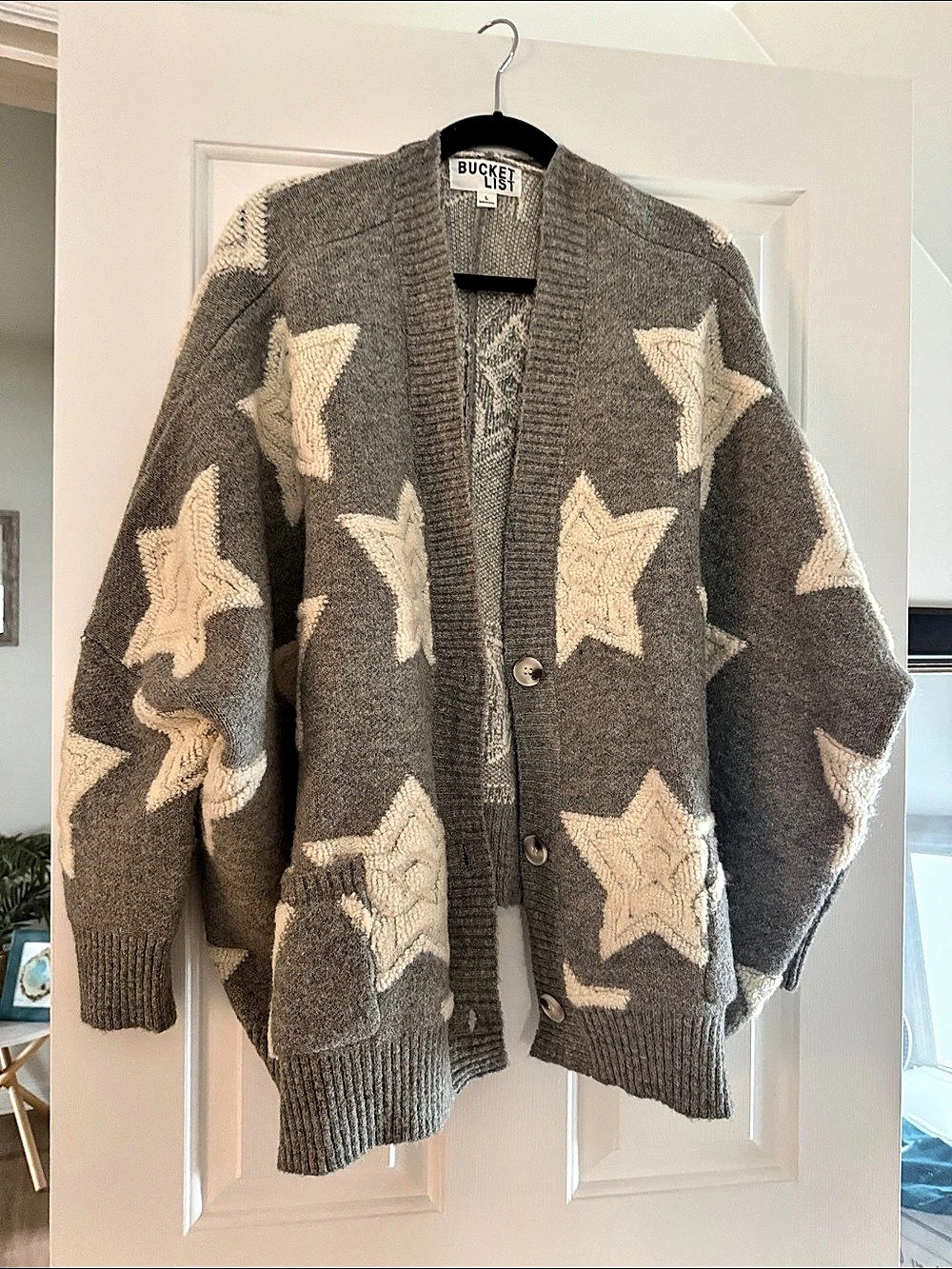 Bucket List Wrapped In Stars Oversized Cardigan Gray & Cream Large